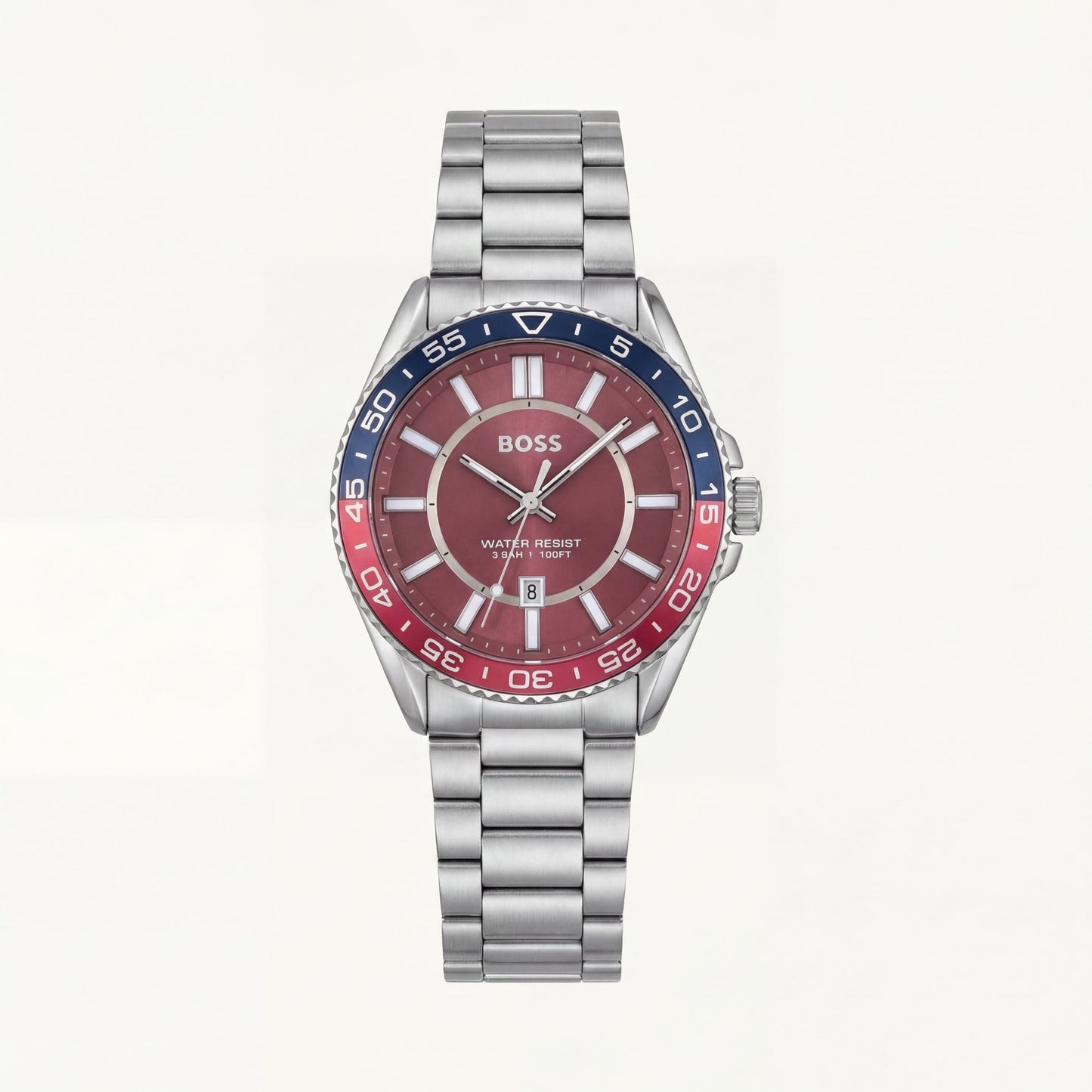 Premium Silver Stainless Steel Sport Watch Red Dial Dual-Tone Bezel Date Display Classic Luxury Watch – Men