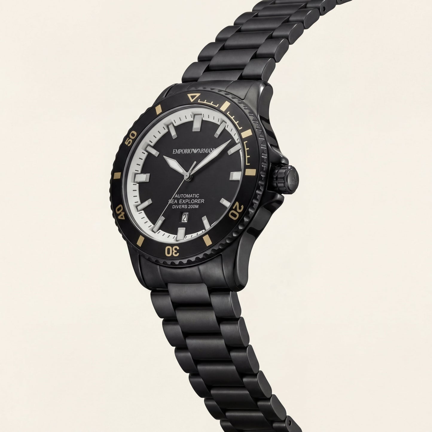 Premium Black Stainless Steel Diver Style Watch Black Dial Gold Accent Bezel Date Display Sport Luxury Watch – Men