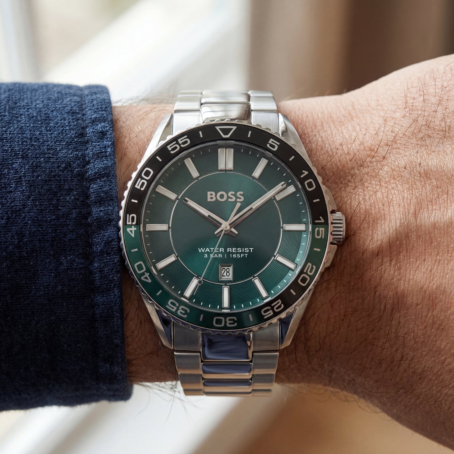 Premium Silver Stainless Steel Watch Green Dial Sport Bezel Date Display Classic Luxury Watch – Men