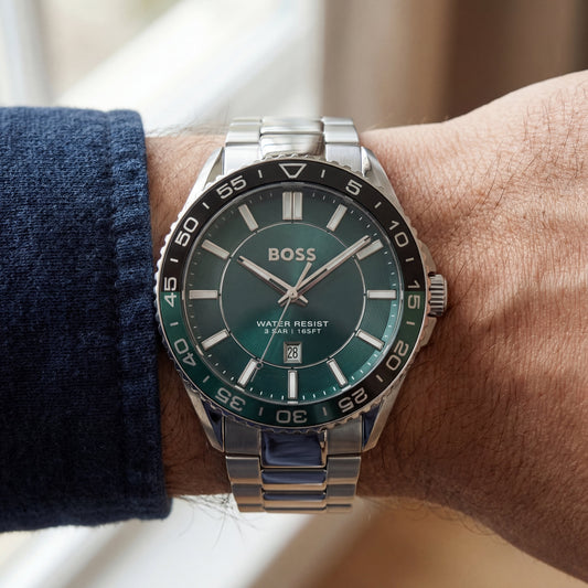 Premium Silver Stainless Steel Watch Green Dial Sport Bezel Date Display Classic Luxury Watch – Men