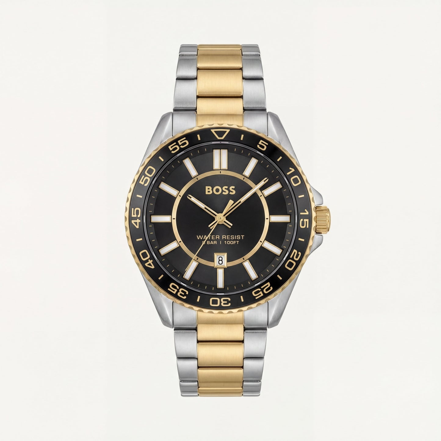 Premium Two-Tone Stainless Steel Watch Black Dial Gold Accent Bezel Date Display Classic Luxury Watch – Men