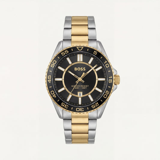 Premium Two-Tone Stainless Steel Watch Black Dial Gold Accent Bezel Date Display Classic Luxury Watch – Men