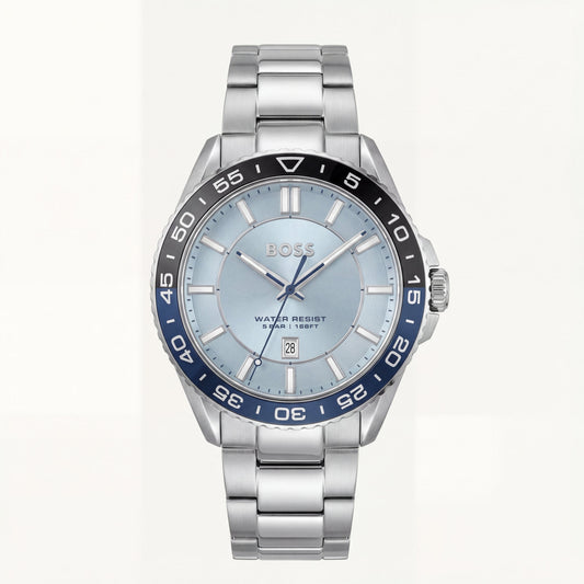 Premium Silver Stainless Steel Watch Ice Blue Dial Blue Sport Bezel Date Display Classic Luxury Watch – Men