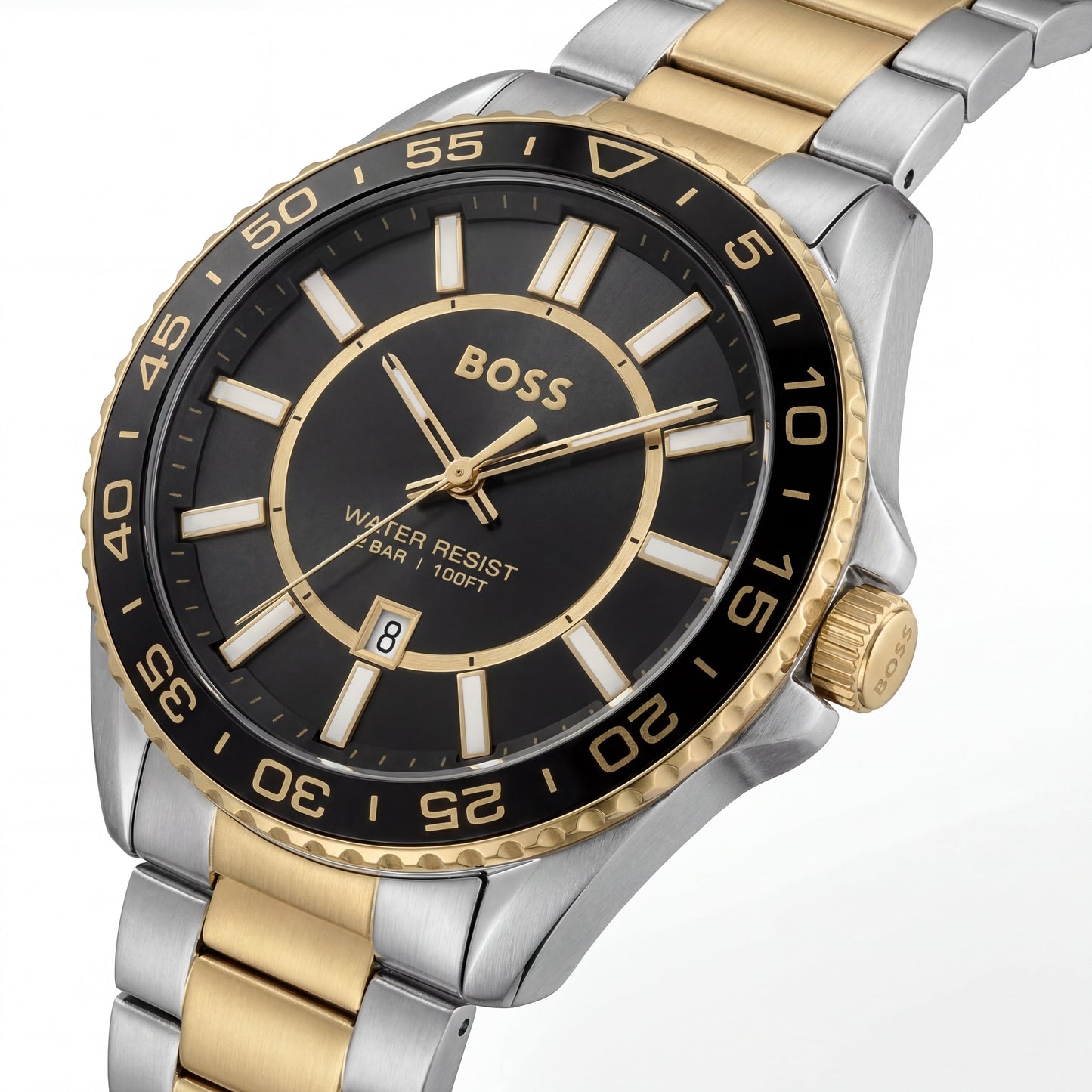 Premium Two-Tone Stainless Steel Watch Black Dial Gold Accent Bezel Date Display Classic Luxury Watch – Men