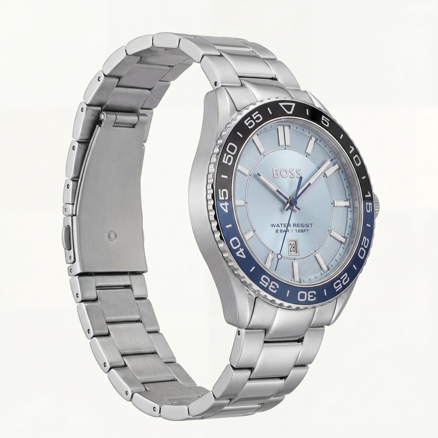 Premium Silver Stainless Steel Watch Ice Blue Dial Blue Sport Bezel Date Display Classic Luxury Watch – Men