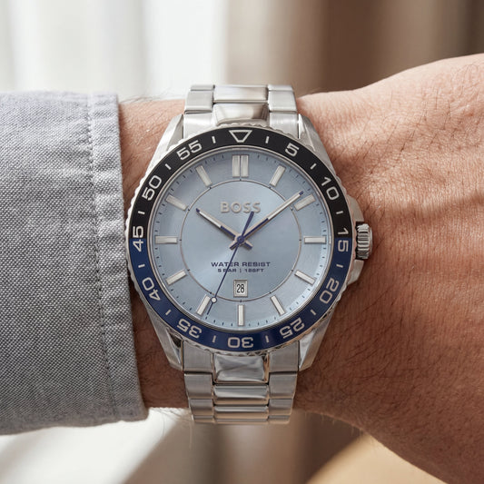 Premium Silver Stainless Steel Watch Ice Blue Dial Blue Sport Bezel Date Display Classic Luxury Watch – Men
