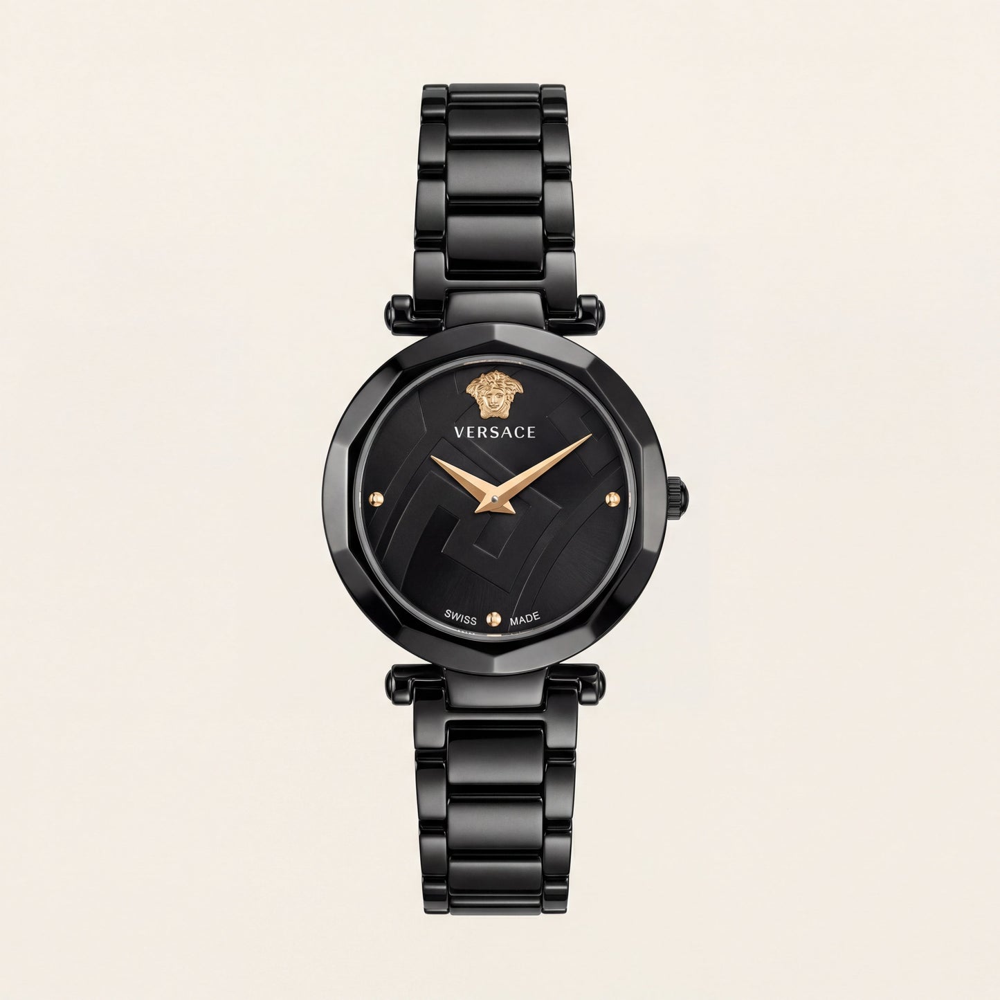 Black Round Case Luxury Medusa Dial Gold Hands Stainless Steel Bracelet Watch – Women