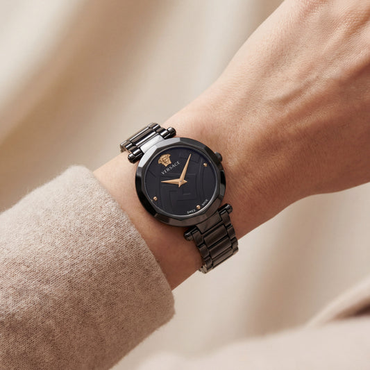 Black Round Case Luxury Medusa Dial Gold Hands Stainless Steel Bracelet Watch – Women