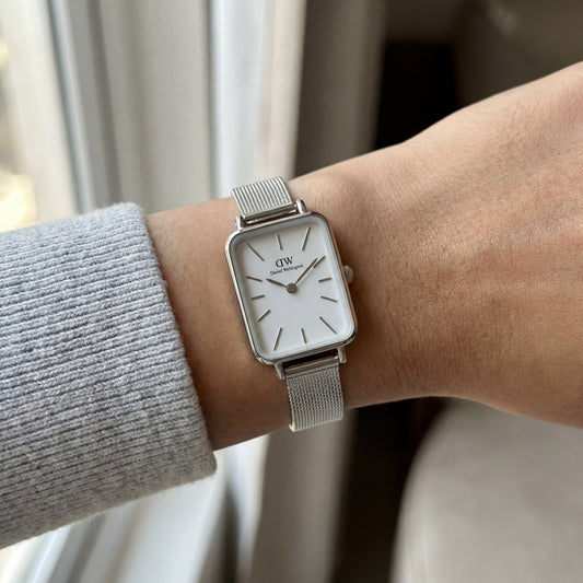 Classic White Rectangular Dial Silver Mesh Minimal Watch