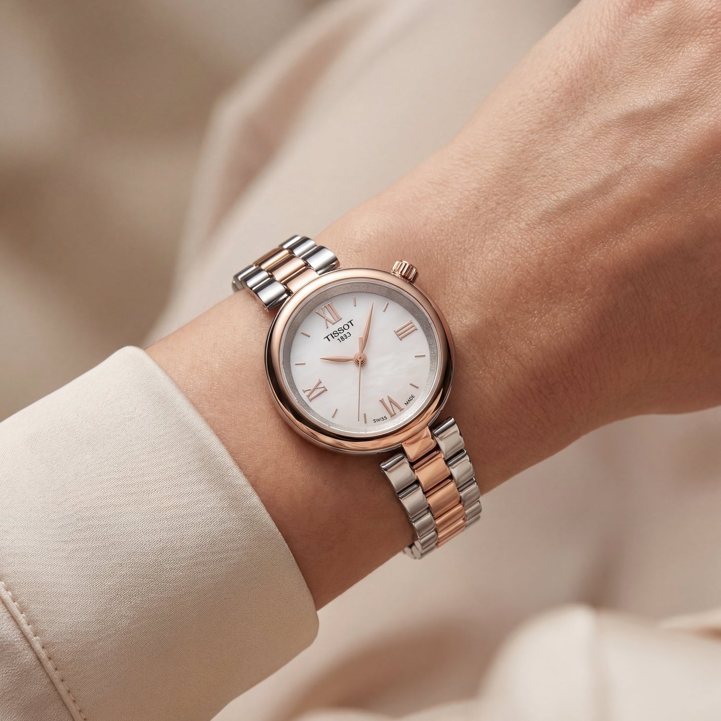 Two-Tone Steel & Rose Gold Roman Dial Elegant Bracelet Watch – Women