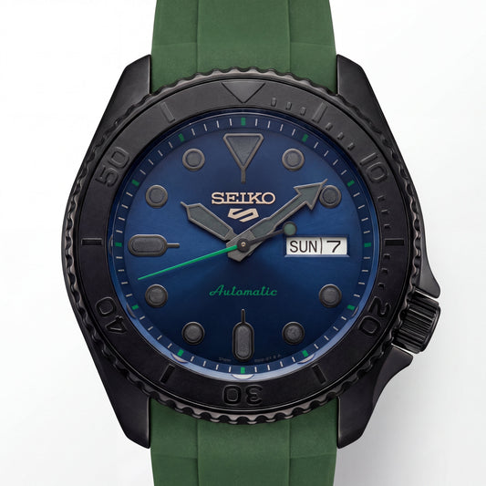 Black Automatic Dive Men’s Watch with Blue Dial & Green Strap