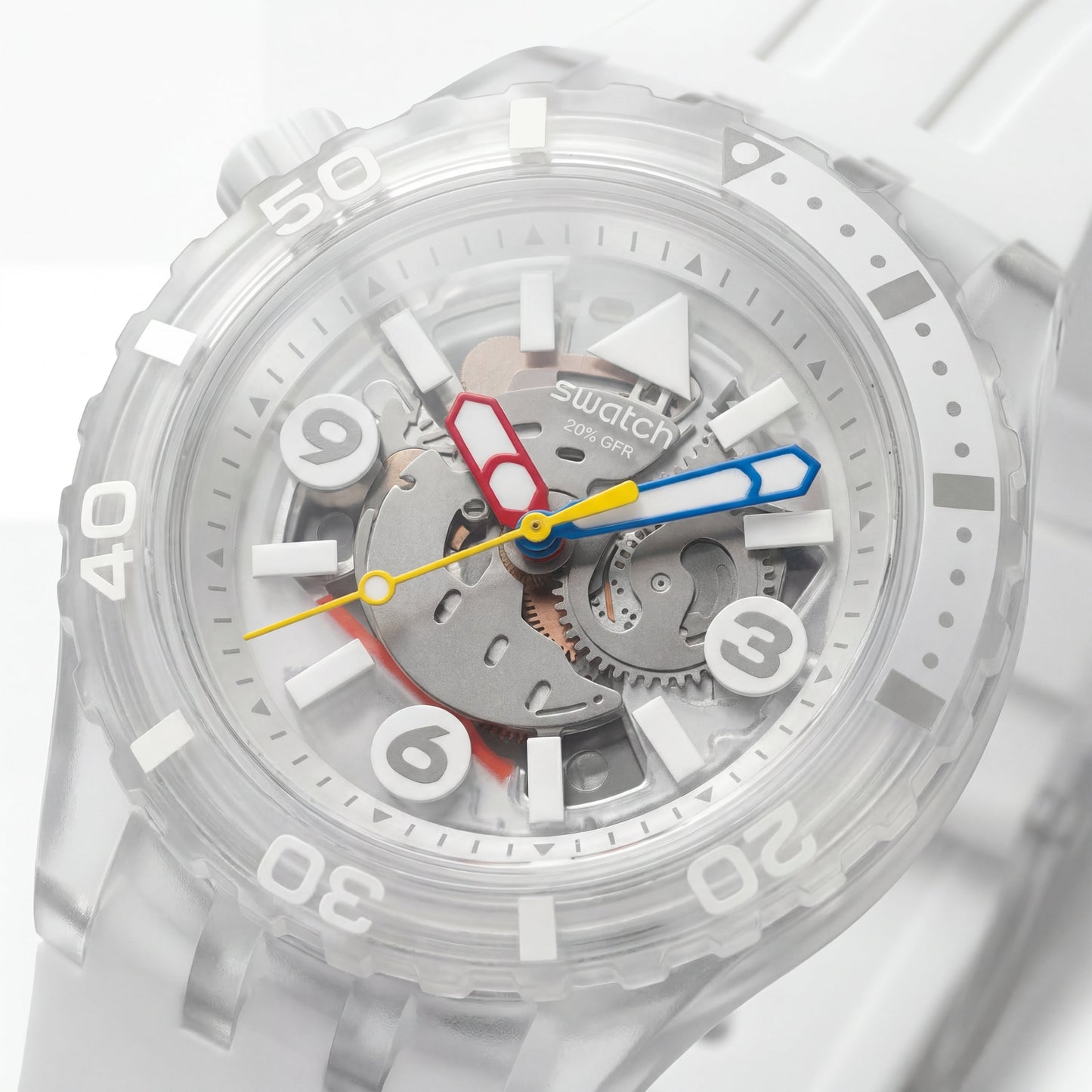 White Transparent Skeleton Dive-Style Men’s Watch with Multicolor Hands