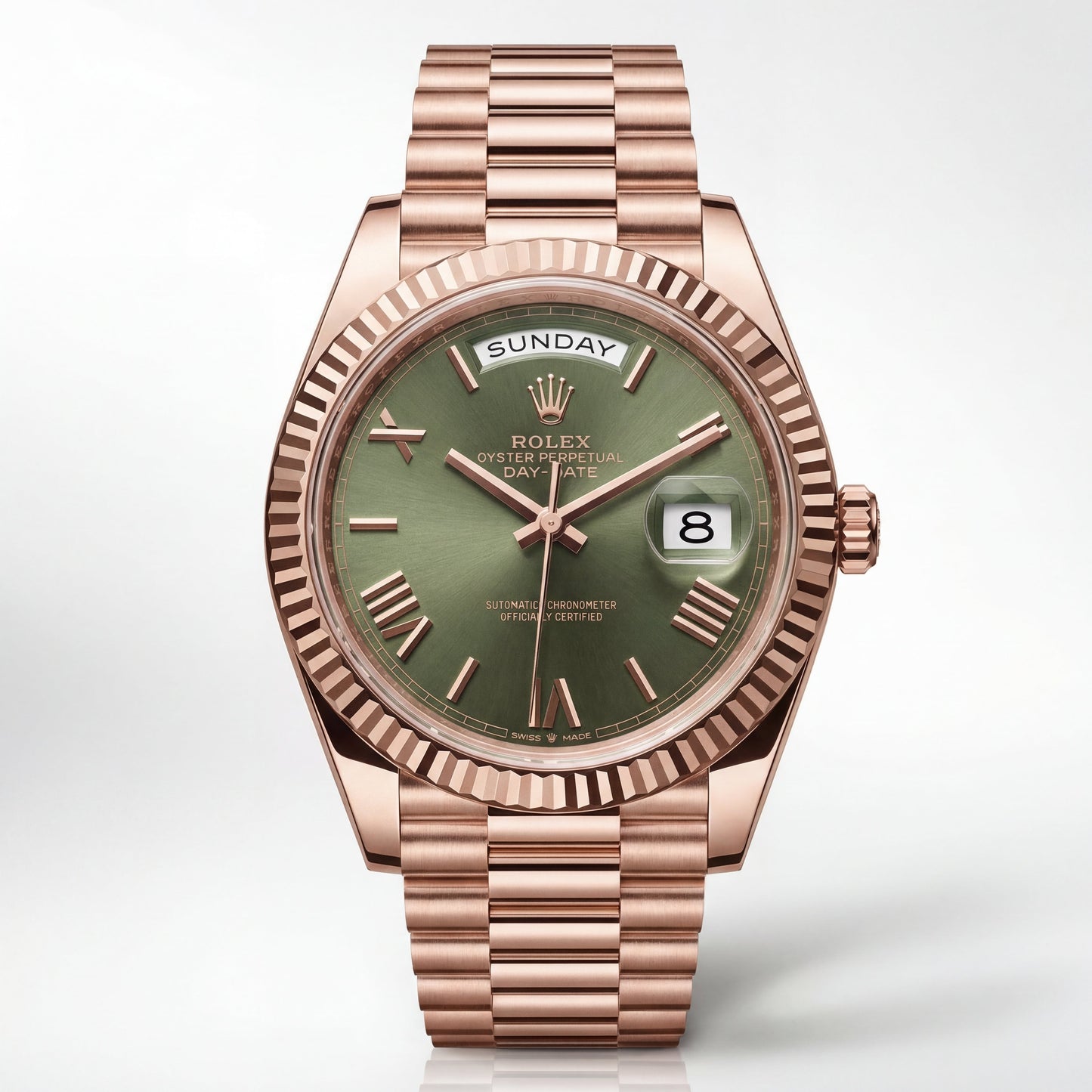 Rose Gold Day-Date President-Style Luxury Men’s Watch with Olive Green Dial