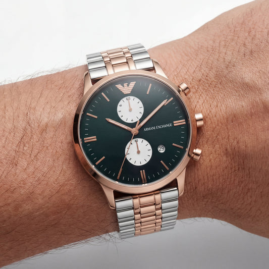 Emerald Green Chronograph Men’s Watch with Rose Gold & Silver Dual-Tone Bracelet