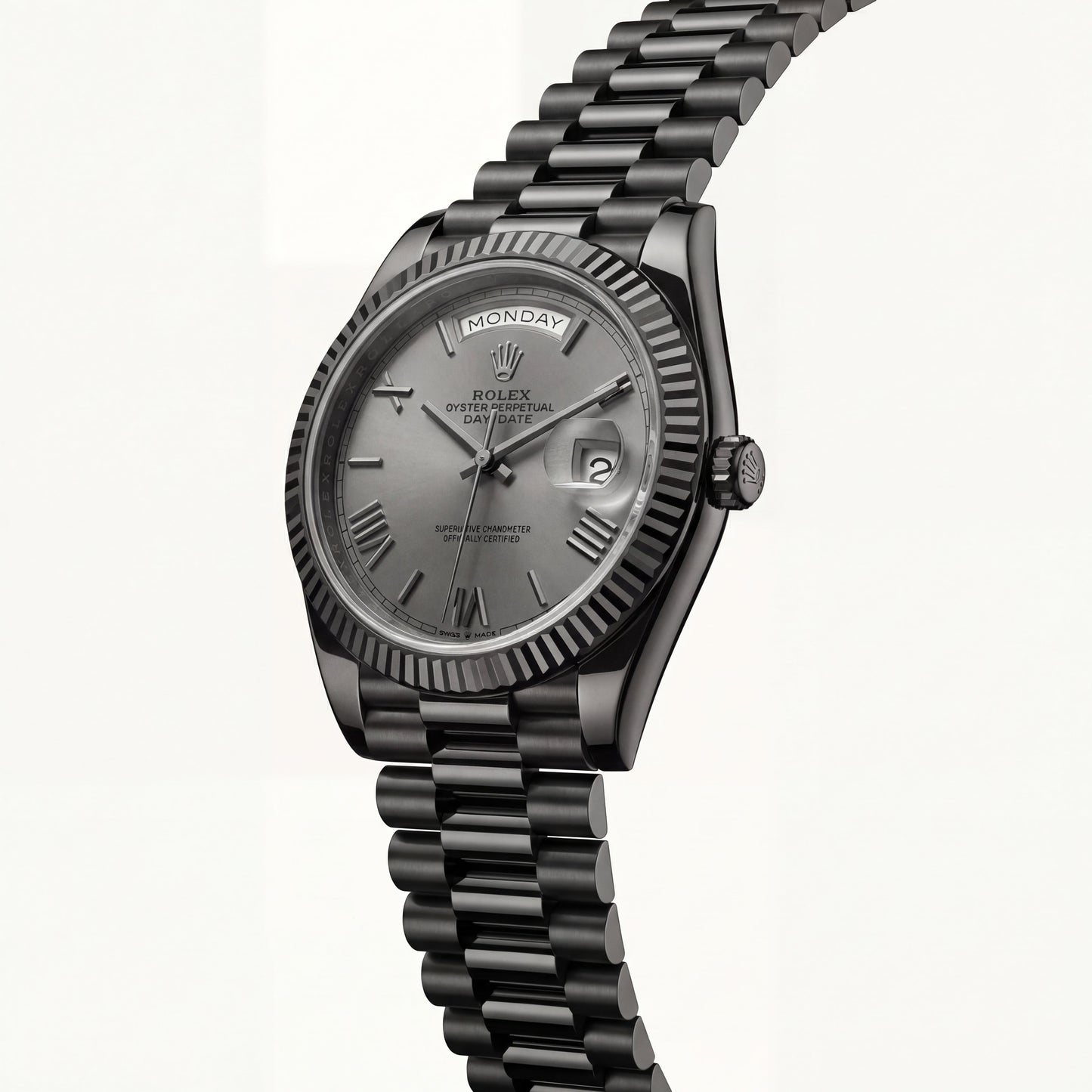Slate Grey Fluted Bezel Day-Date Steel Watch