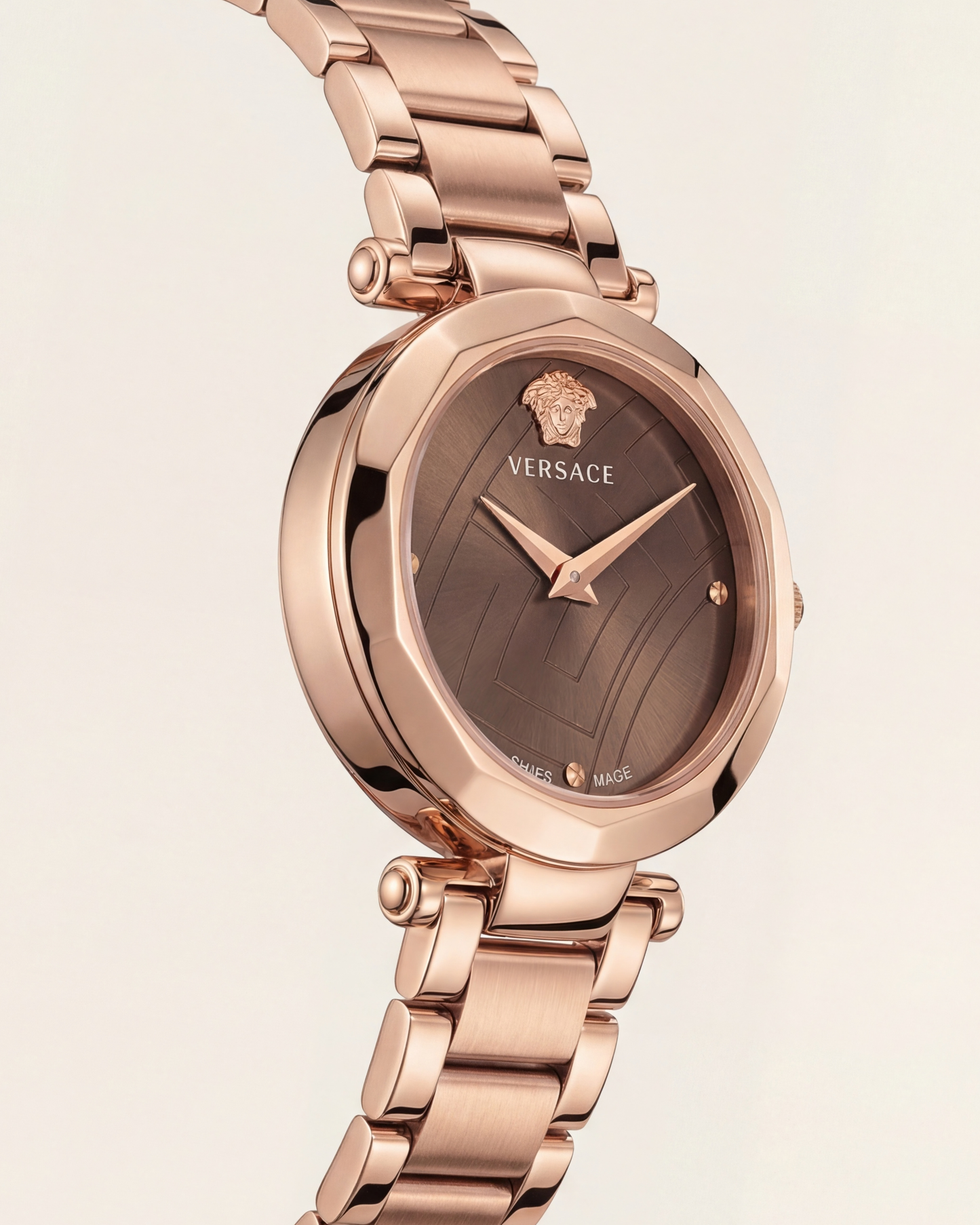 Rose Gold Stainless Steel Case Brown Textured Dial Luxury Medusa Bracelet Watch – Women