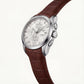 Classic Silver Chronograph Watch with White Dial & Brown Leather Strap