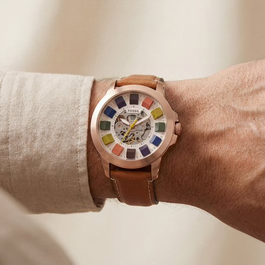 Rose Gold Skeleton Dial Brown Leather Strap Men’s Watch