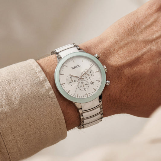 Luxury Chronograph Men’s Watch with White Dial & Mint Bezel