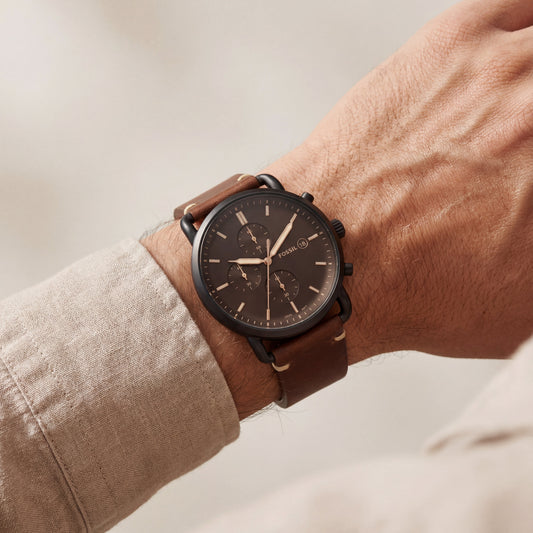 Vintage Brown Chronograph Black Dial Leather Strap Men’s Watch