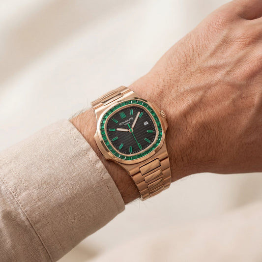 Rose Gold Green Bezel Luxury Metal Watch for Men