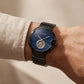 Black Open Heart Luxury Watch with Deep Blue Textured Dial