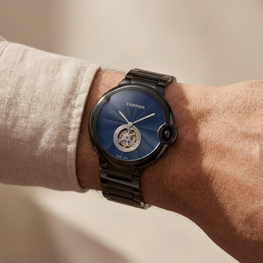 Black Open Heart Luxury Watch with Deep Blue Textured Dial