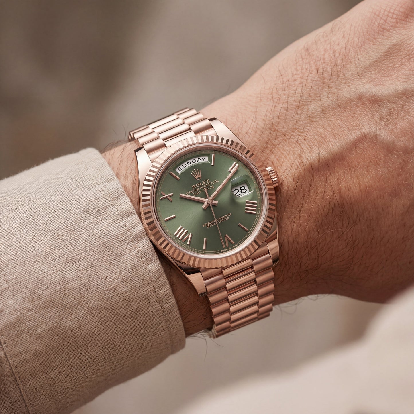 Rose Gold Day-Date Green Sunray Roman Dial Men’s Watch