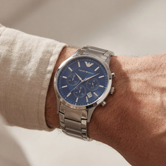 Silver Steel Blue Dial Chronograph Watch for Men