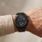 Black Steel Chronograph Watch with Blue Accents for Men