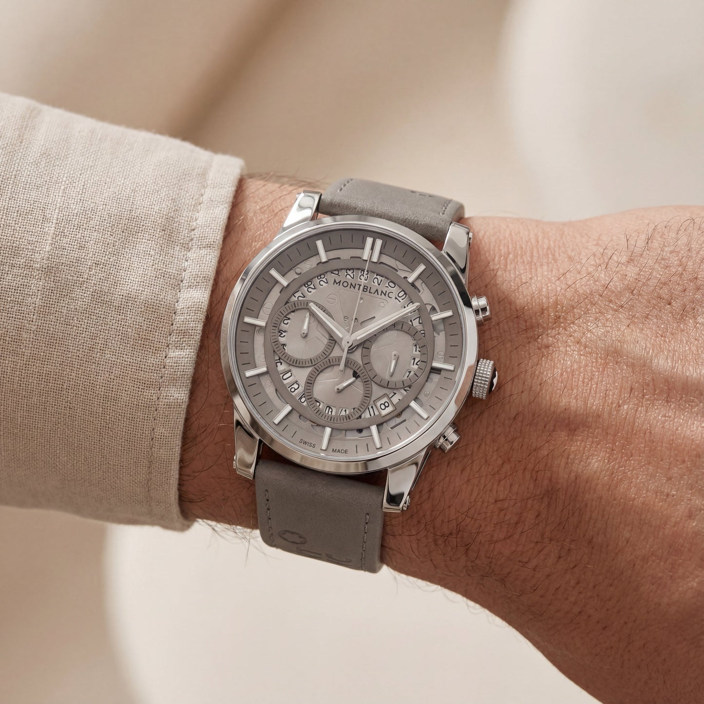 Skeleton Chronograph Silver Dial Leather Strap Men’s Watch