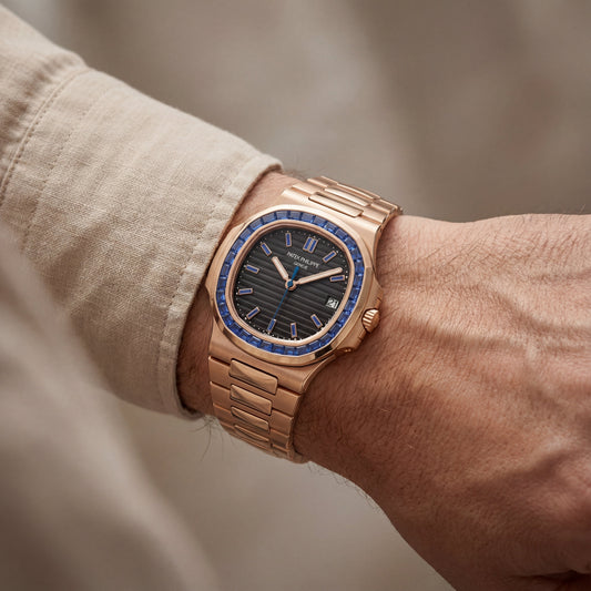 Rose Gold Stainless Steel Watch with Blue Gem Bezel & Black Dial
