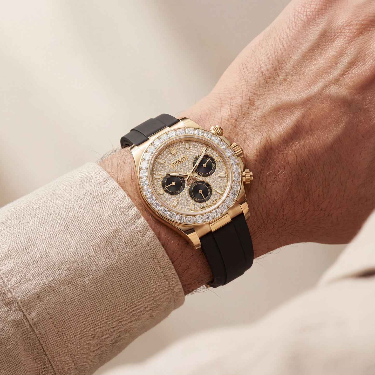Gold Finish Diamond Bezel Chronograph Watch with Black Rubber Strap