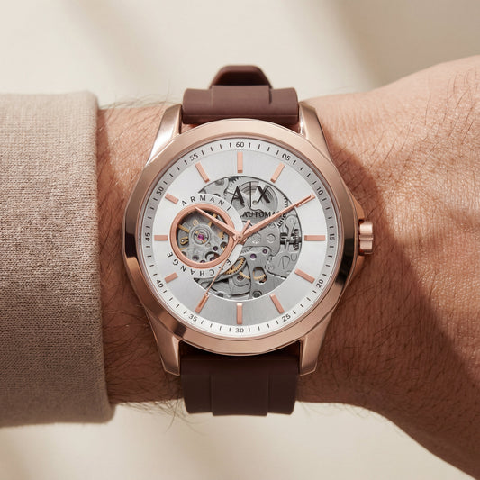 Rose Gold Skeleton Automatic Dial Brown Silicone Strap Men’s Watch
