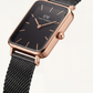 Rose Gold Rectangular Black Dial Black Mesh Strap Watch