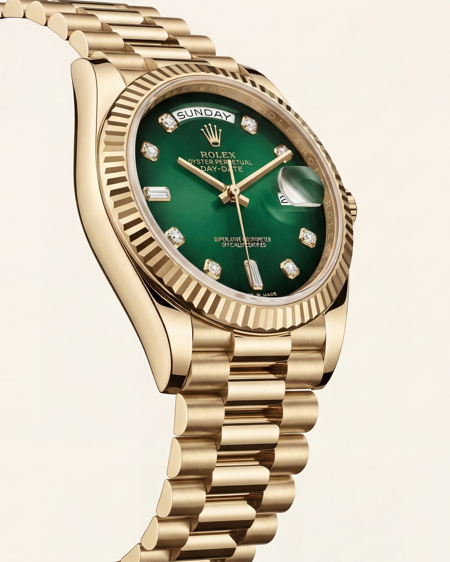 Luxury Gold Stainless Steel Watch Fluted Bezel Emerald Green Sunburst Dial Diamond Markers Day-Date  Watch – Men