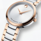 Two-Tone Steel & Rose Gold Minimalist Silver Sunray Dial Luxury Bracelet Watch – Women