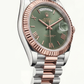 Olive Green Fluted Bezel Day-Date Steel Watch