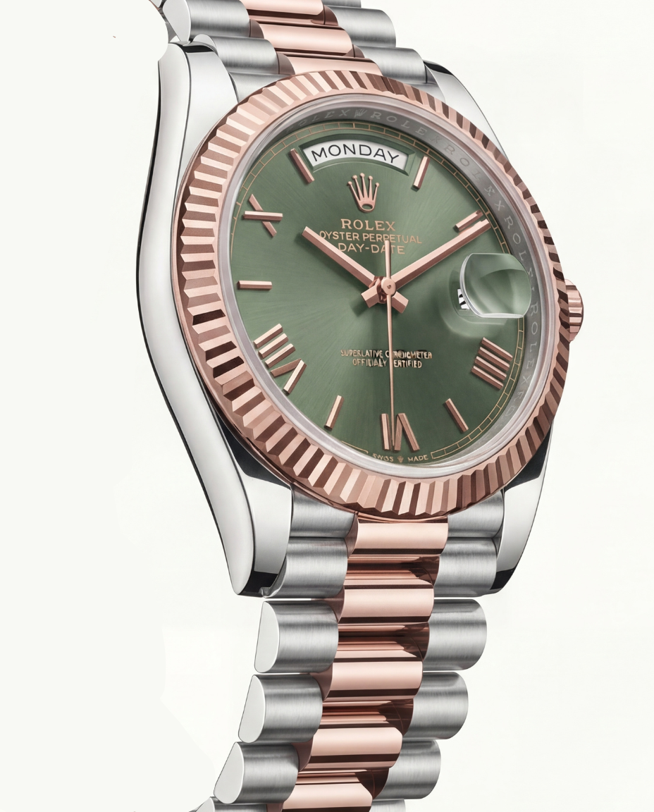 Olive Green Fluted Bezel Day-Date Steel Watch