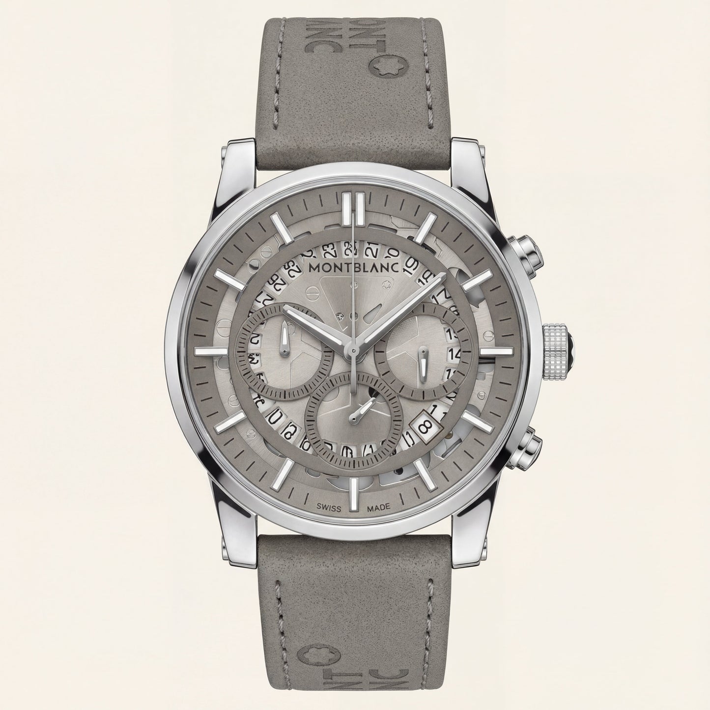 Skeleton Chronograph Silver Dial Leather Strap Men’s Watch