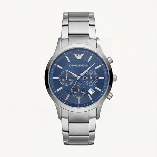 Silver Steel Blue Dial Chronograph Watch for Men