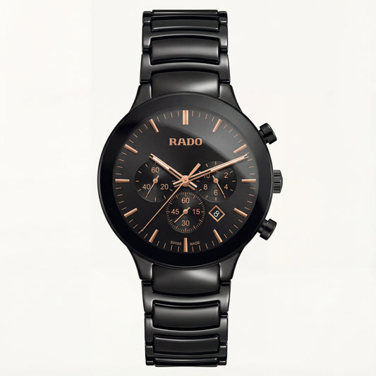 Luxury Chronograph Men’s Watch with Black Dial & Rose Gold Accents