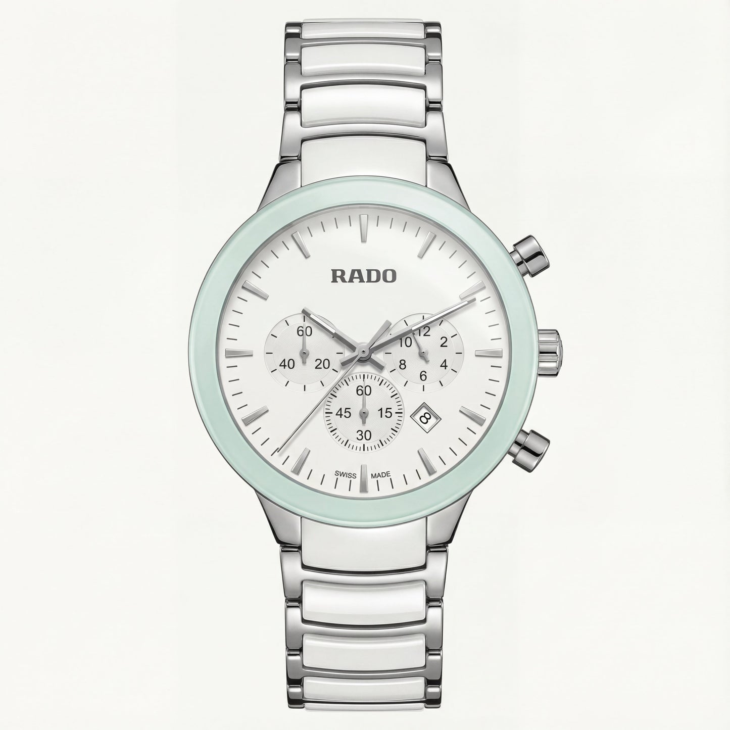 Luxury Chronograph Men’s Watch with White Dial & Mint Bezel