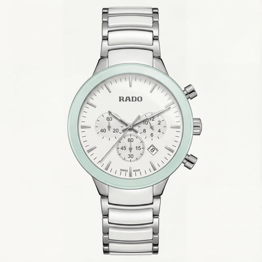 Luxury Chronograph Men’s Watch with White Dial & Mint Bezel