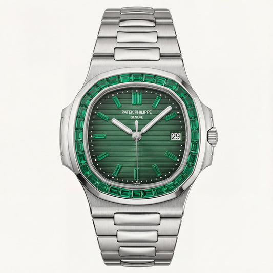 Premium Green Dial Stainless Steel Men’s Watch with Gem Bezel