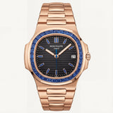 Rose Gold Stainless Steel Watch with Blue Gem Bezel & Black Dial