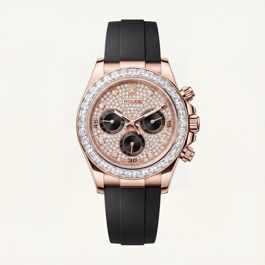 Rose Gold Diamond Bezel Chronograph Watch with Black Rubber Strap