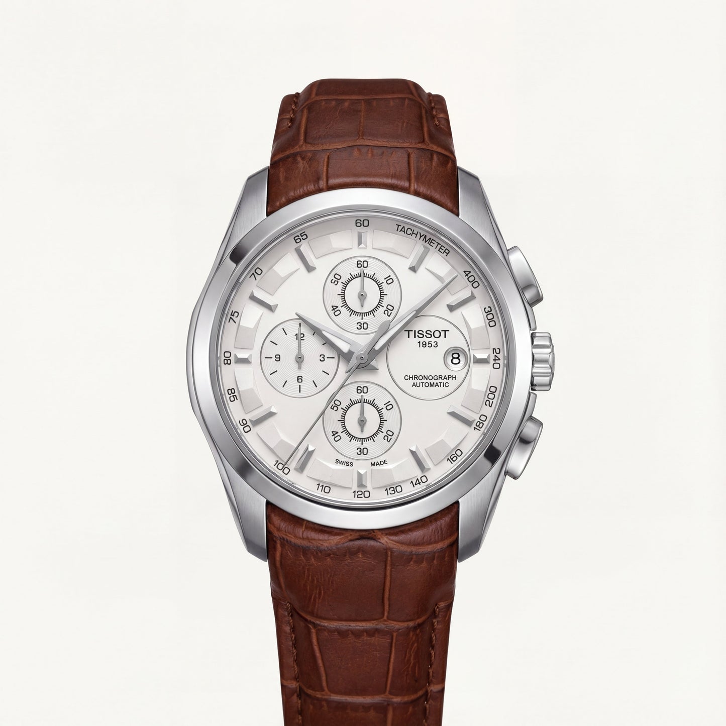Classic Silver Chronograph Watch with White Dial & Brown Leather Strap