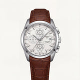 Classic Silver Chronograph Watch with White Dial & Brown Leather Strap