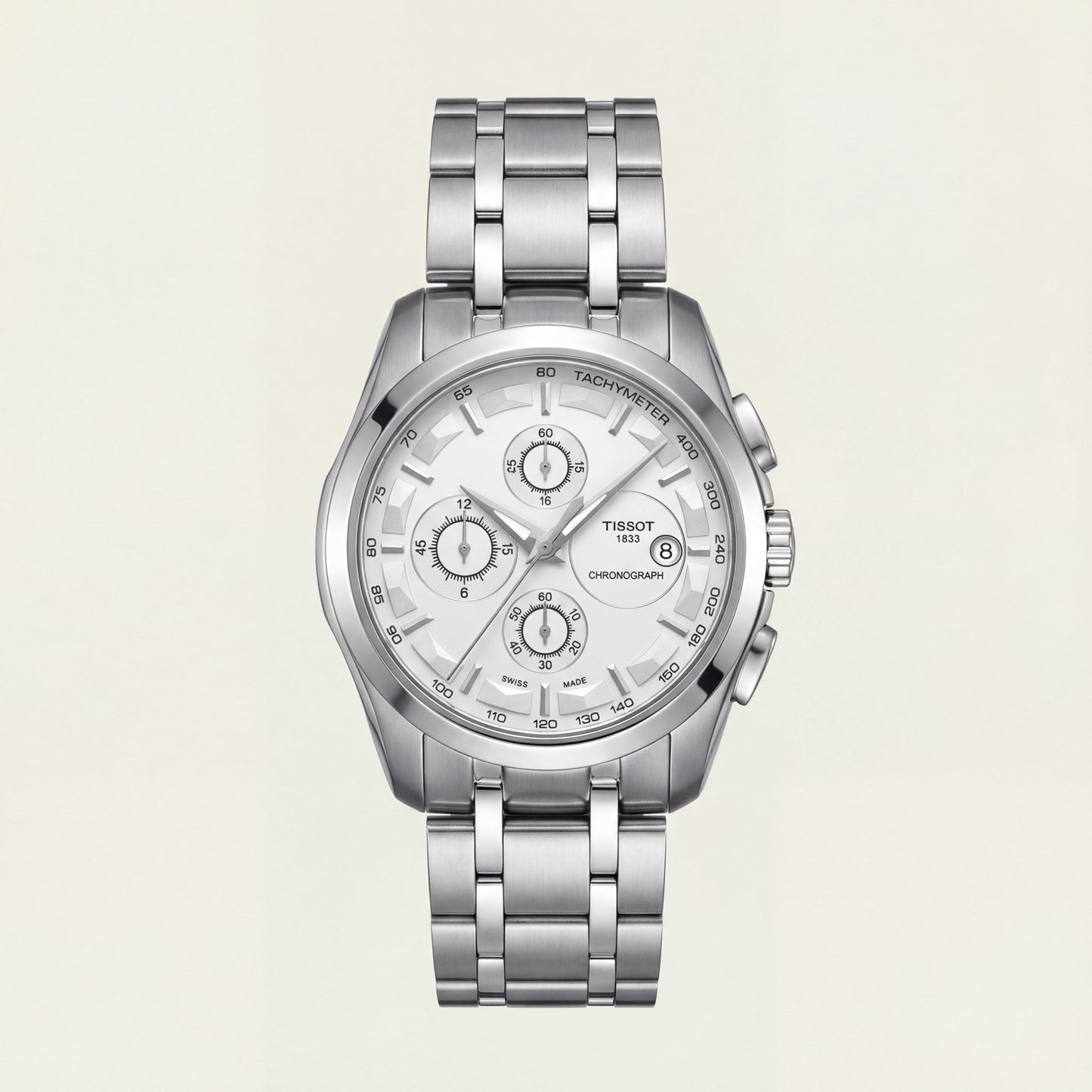 Premium Silver Chronograph Watch with White Dial & Steel Bracelet